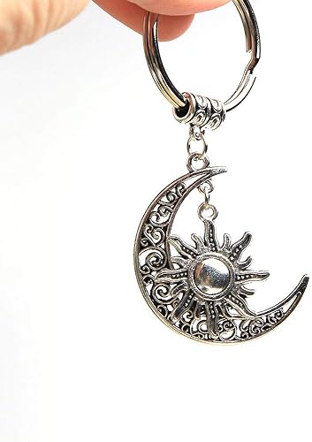 Miniatura 2 de Acxico Llavero con dije de luna, sol y luna creciente, llavero vintage para mujeres y hombres, 2 unidades, plateado