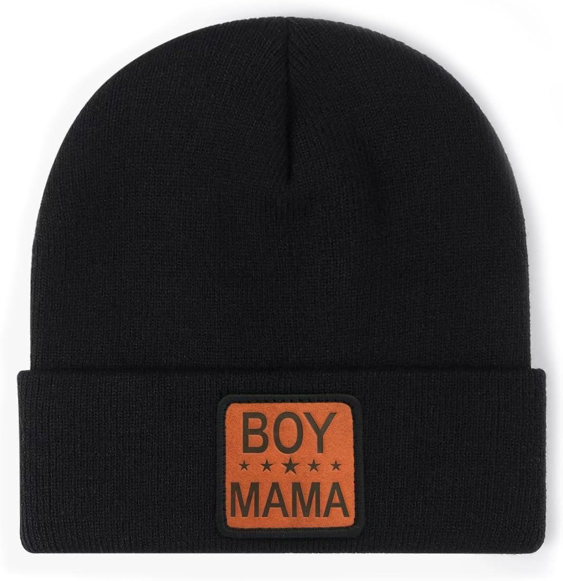 Boy Mama Beanie Hat, Soft Winter Cap for Mom of Boys, Leather Patch Mom Gift, Stretchy Cuffed Beanie Black