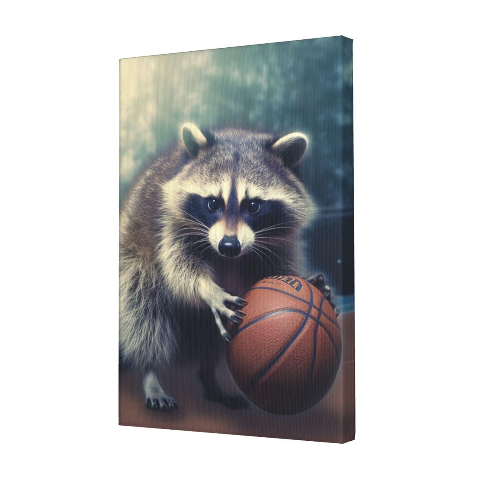 FodPand Funny Raccoon Basketball Canvas Wall Art for Living Room Wall Decor 12"x18" Modern Artwork Painting Pictures Hanging Canvas Prints Aesthetic Wall Art for Bedroom Bathroom Office Wallart Decor