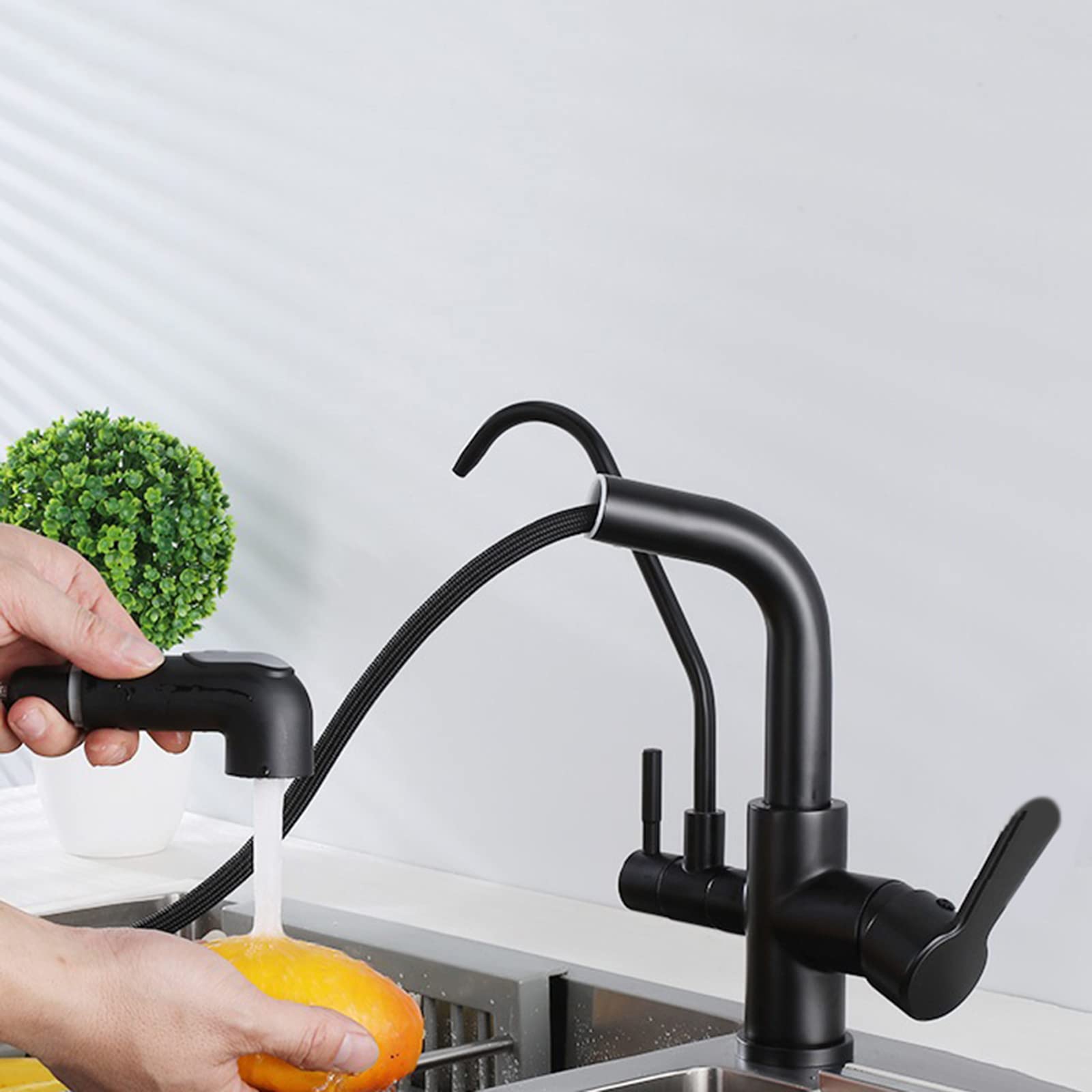 WDSOPK 3 way kitchen tap with pull out spray brass multifunctional 3 in 1 drinking water purifier tap brushed (Black A)