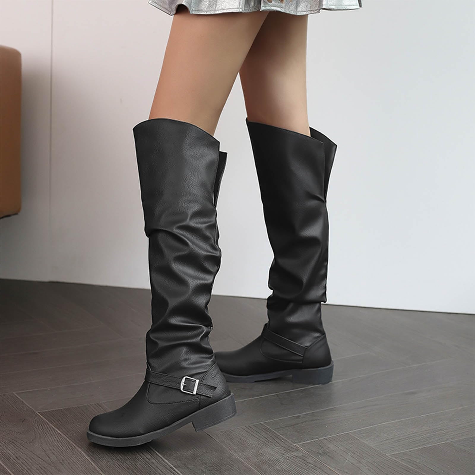 Damskie buty średniej wysokości z klapą klamrą paska, okrągłe noski, wsuwane, długie kozaki, półcholewka, eleganckie damskie buty do wody, buty zimowe