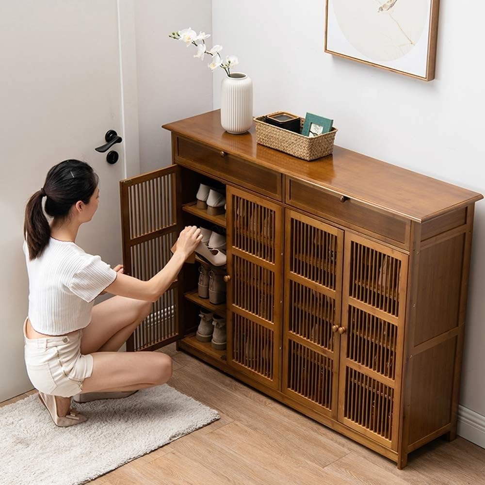 Zapatero Grande 35cm de Fondo para Zapatos Talla Grande, Mueble de Bambú con Cajón Oculto y Estantes Ajustables, Armario Recibidor para Botas, Puertas de Rejilla, 130x35x100cm
