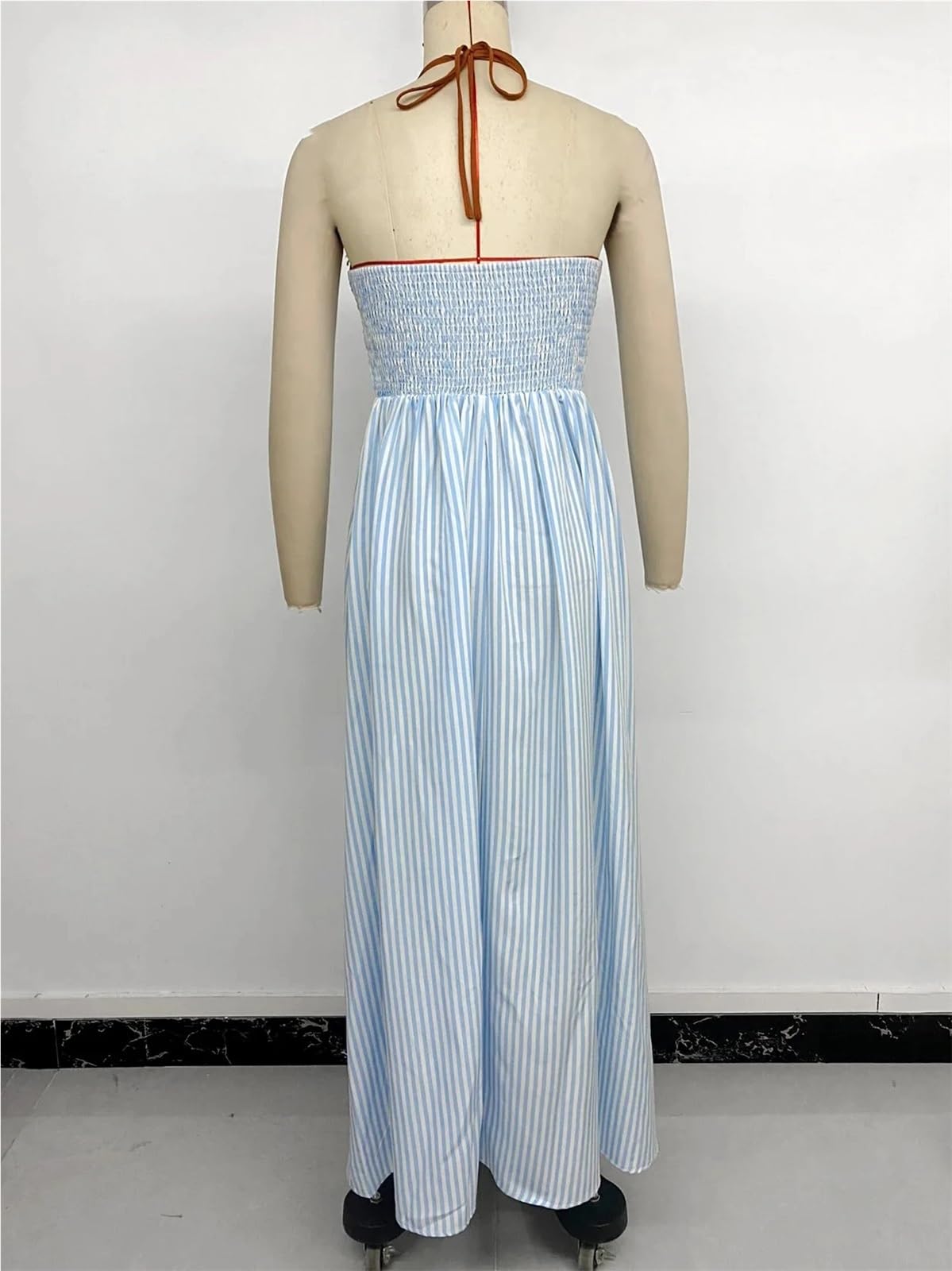 Vestido de Playa Verano a Rayas Azules sin Espalda for Mujer Sexy Halter con Cuello en V Mangas Maxi Fiesta Vacaciones Femenina