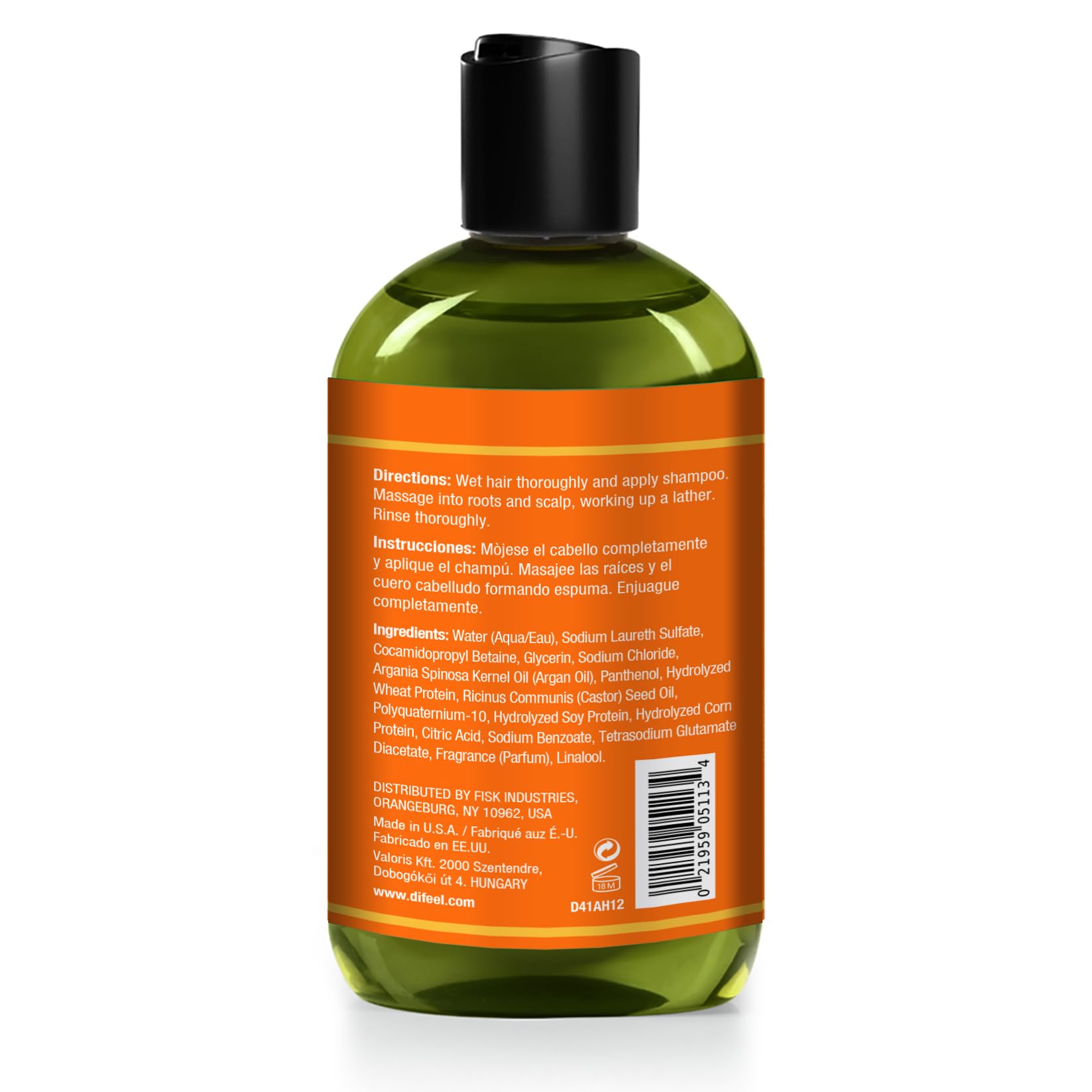 Difeel Shampoo idratante di argan, 350 ml, shampoo all'olio di argan, shampoo per capelli naturale senza solfati
