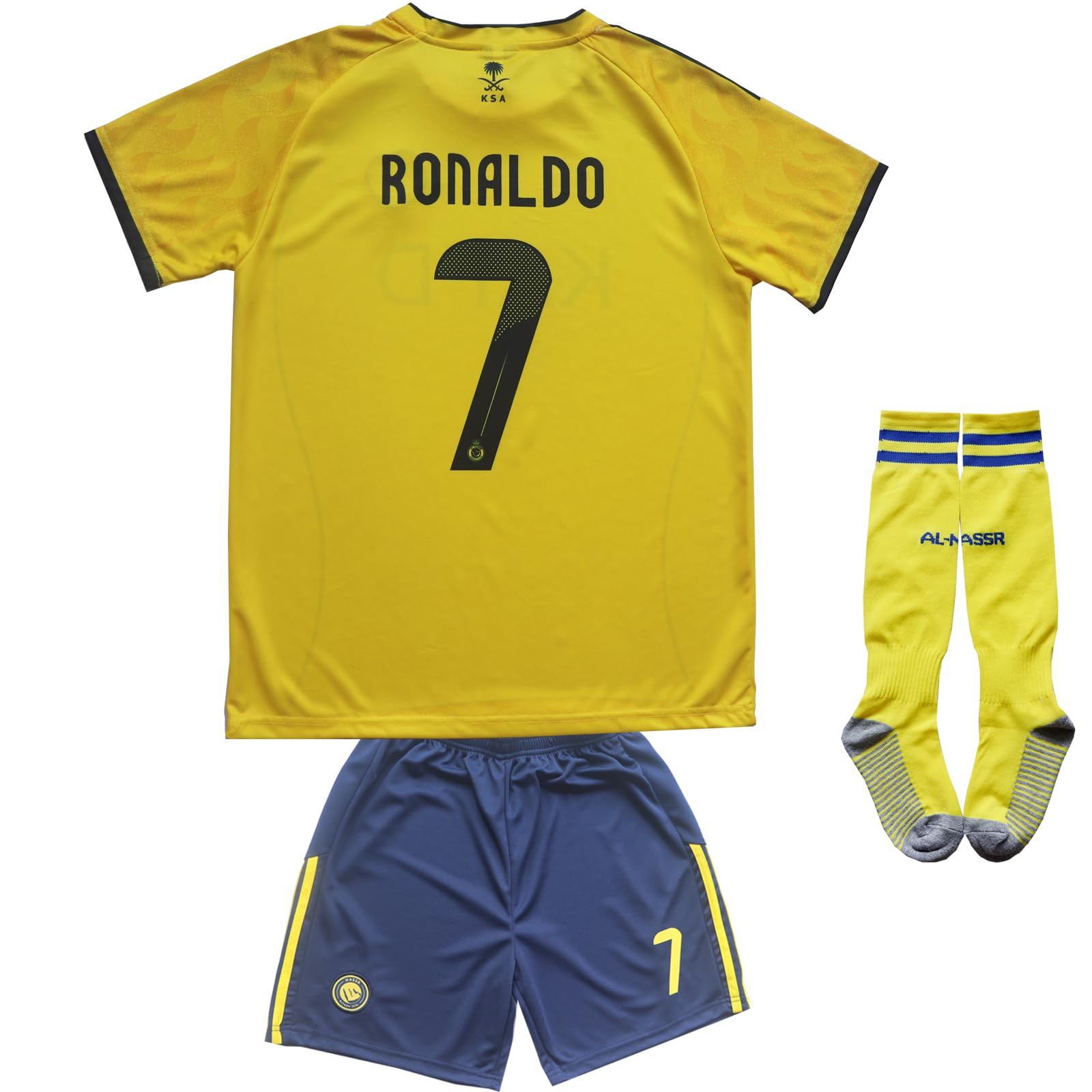 2025/2026 NASSR Riyadh Al #7 Kids Home Soccer Jersey Shirts Football Futbol Socks Set Youth Sizes