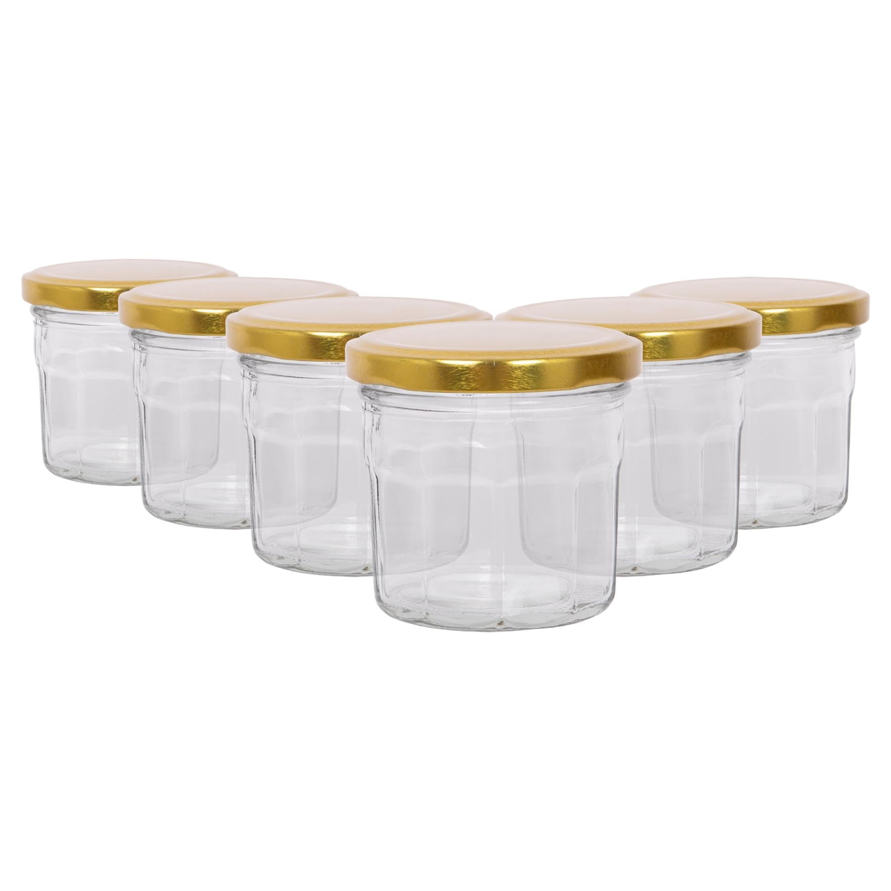 Argon Tableware Gold Lid Glass Jam Jars With Airtight S - 130Ml - Pack Of 6 - Empty Screw Top Kitchen Storage Jar For Food, Honey, Spice, Pickling, Preserving, Candle Making