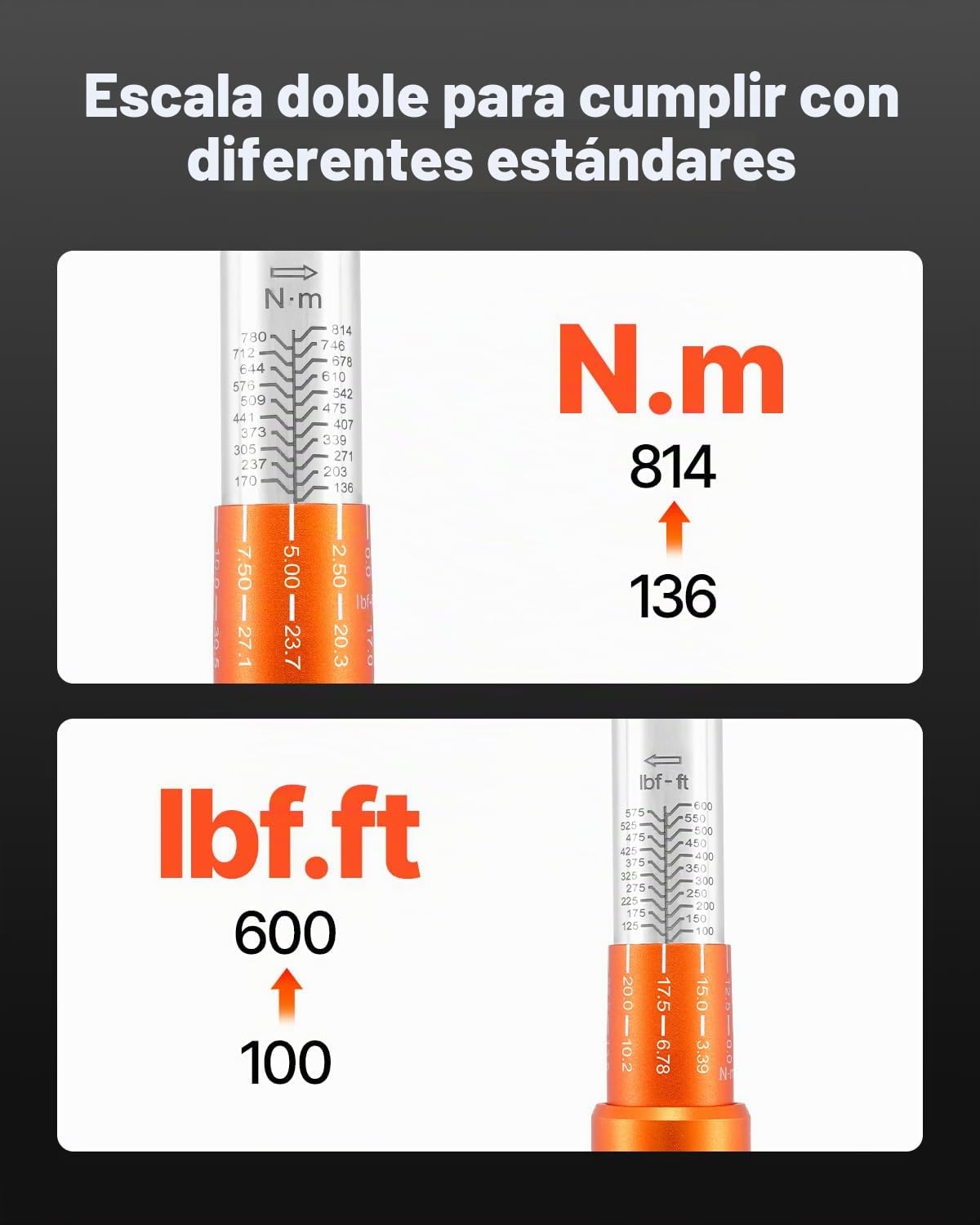 VEVOR Llave Dinamométrica de Clic Accionamiento de 3/4" 136–814 Nm 48 Dientes ±3% de Alta Precisión Juego de Llaves Dinamométricas de Doble Dirección con Escalas de Doble Rango para Reparación