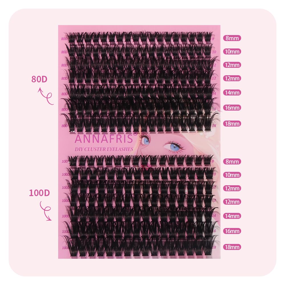 ANNAFRIS Ciglia Finte Ciuffetti Kit 80D+100D Ciglia Finte Naturali D Curl 8-18mm DIY Extension Ciglia Fai da te Cluster Lashes(80D+100D)