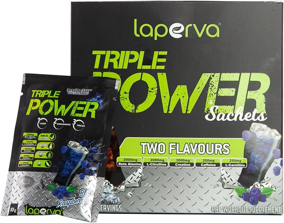 Laperva Triple Power Pre-Workout Mix Flavors (Cola & Blue Raspberry), 30 Sachets - Enhance Performance, Boost Energy, and Maximize Fat Loss, With Breathe Easy Effect