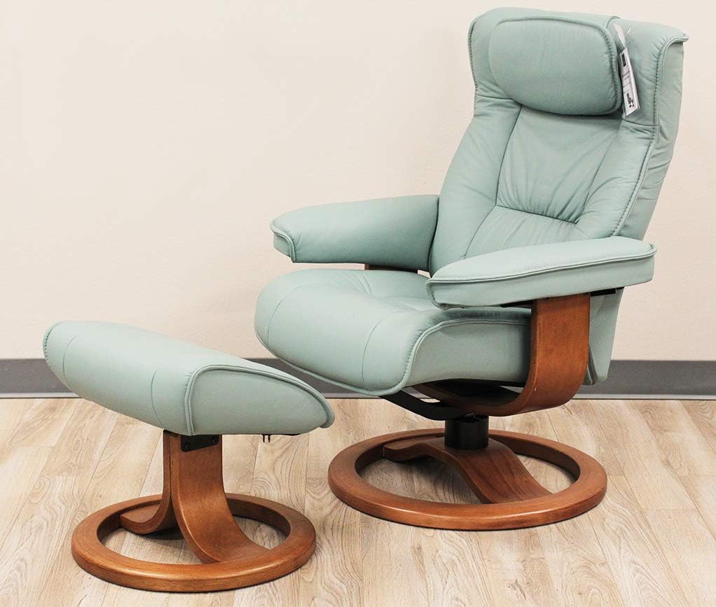 Fjords Regent Large Leather Recliner Chair and Ottoman Norwegian Ergonomic Furniture Soft Line Genuine Seagreen Leather Walnut Wood