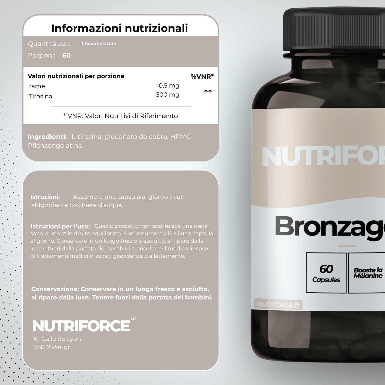 Complesso Abbronzatura – Pelle Dorata, Melanina e Protezione – Integratore Naturale – Prodotto in Francia