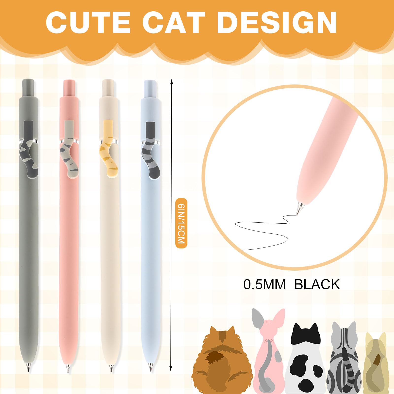 MotiMind Juego de 6 artículos de papelería con temática de gatos, incluye bolígrafos de gel, bolsa para bolígrafos, notas adhesivas, bolsa de cosméticos de viaje para amantes de los gatos, Con color