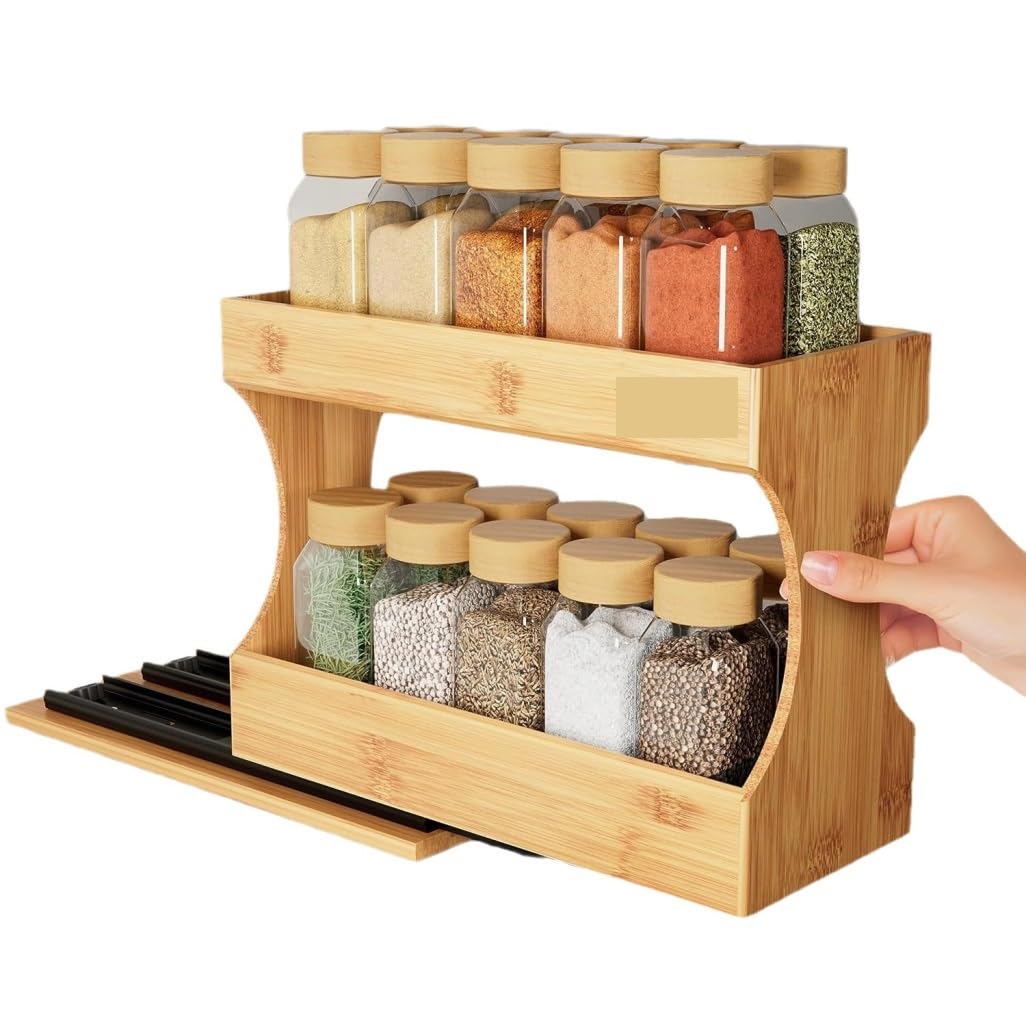 Goopeeg A Kitchen Storage Rack 2-Tier Bamboo Spice Rack For Cabinet With Pull-Out Slide Out Seasoning Spice Organizer For Kitchen Cabinet Kitchen Cabinet Storage