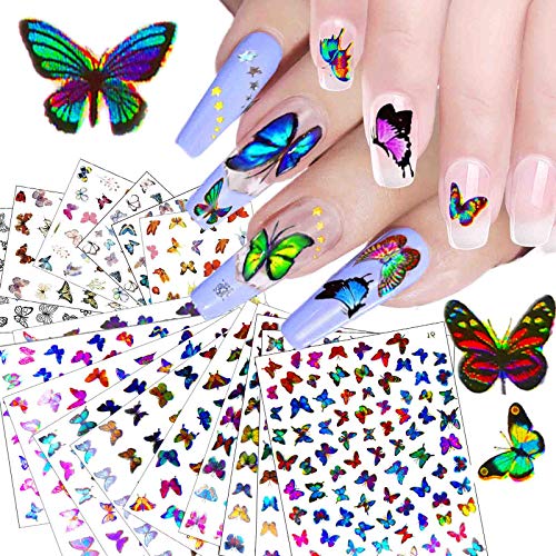 MIZAEINV 750+pcs Butterfly Nail Stickers Decals Laser 3D Art Butterflies for Acrylic Self Adhesive Decals for Nails Holographic Nail Art Set Manicure Tips Decor Accessories Sticker (16 Sheets)