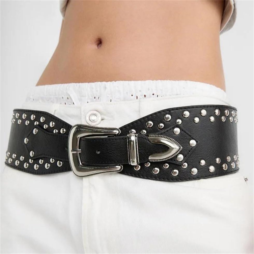 Pohullan Women Vintage Punk Rivet Patchwork Design Wide Belts Harajuku High Street Waistband2