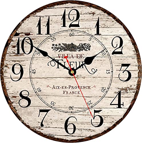 Toudorp Reloj de Pared de 30 CM, fácil de Leer, números arábigos, Reloj de Pared de Madera, silencioso, Funciona con Pilas, Retro, Estilo rústico francés, Reloj de decoración artísti