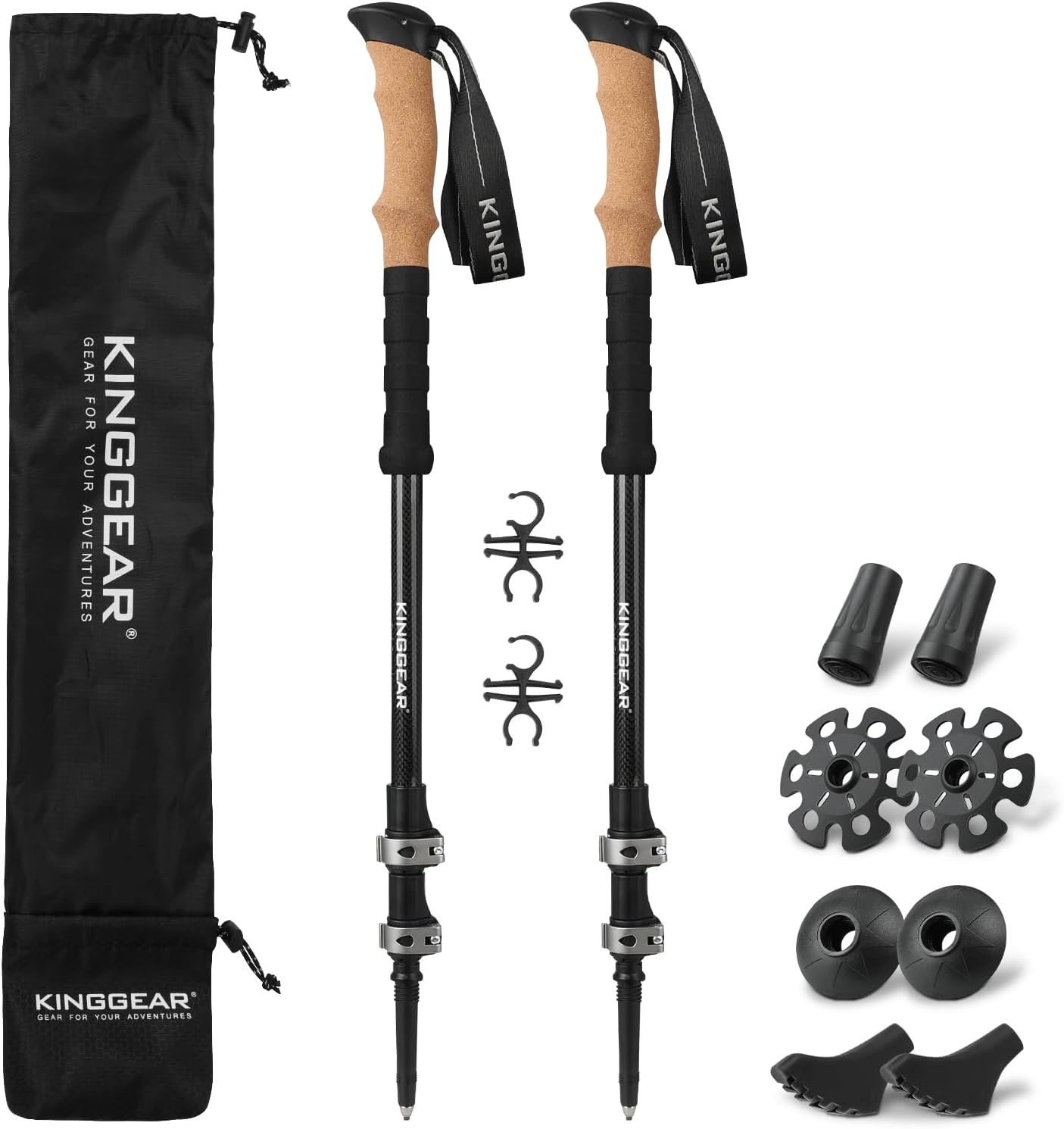 KINGGEAR TPC-3K 100% Carbon Fiber Trekking Poles for Hiking – Ultralight Collapsible Hiking Poles with Cork & EVA Foam Grips, Adjustable Metal Flip Locks, Tungsten Tips – Ideal Hiking