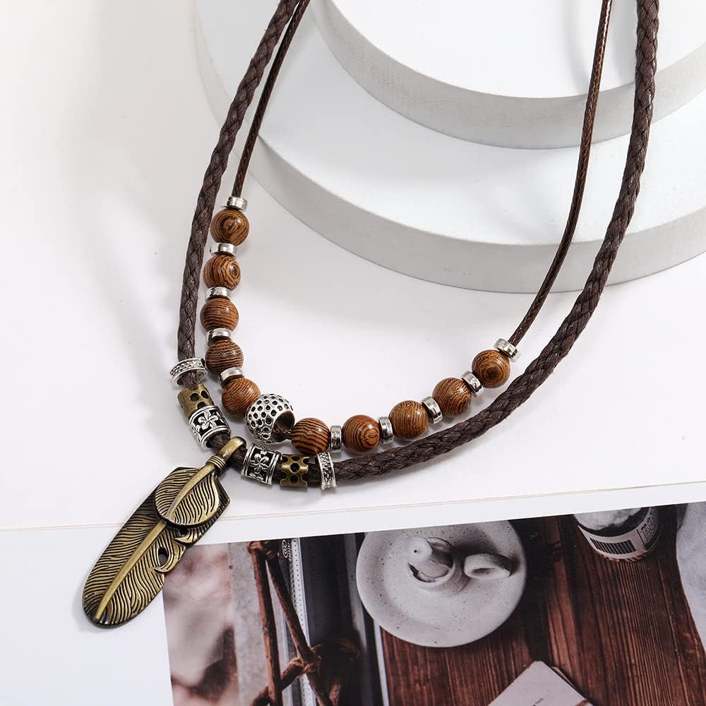 Men Leather Necklace Vintage Style Double Layers Braided Leather Tribal Necklace Boho Hipppie Beaded Artificial Feather Pendant Necklace for Daily Use