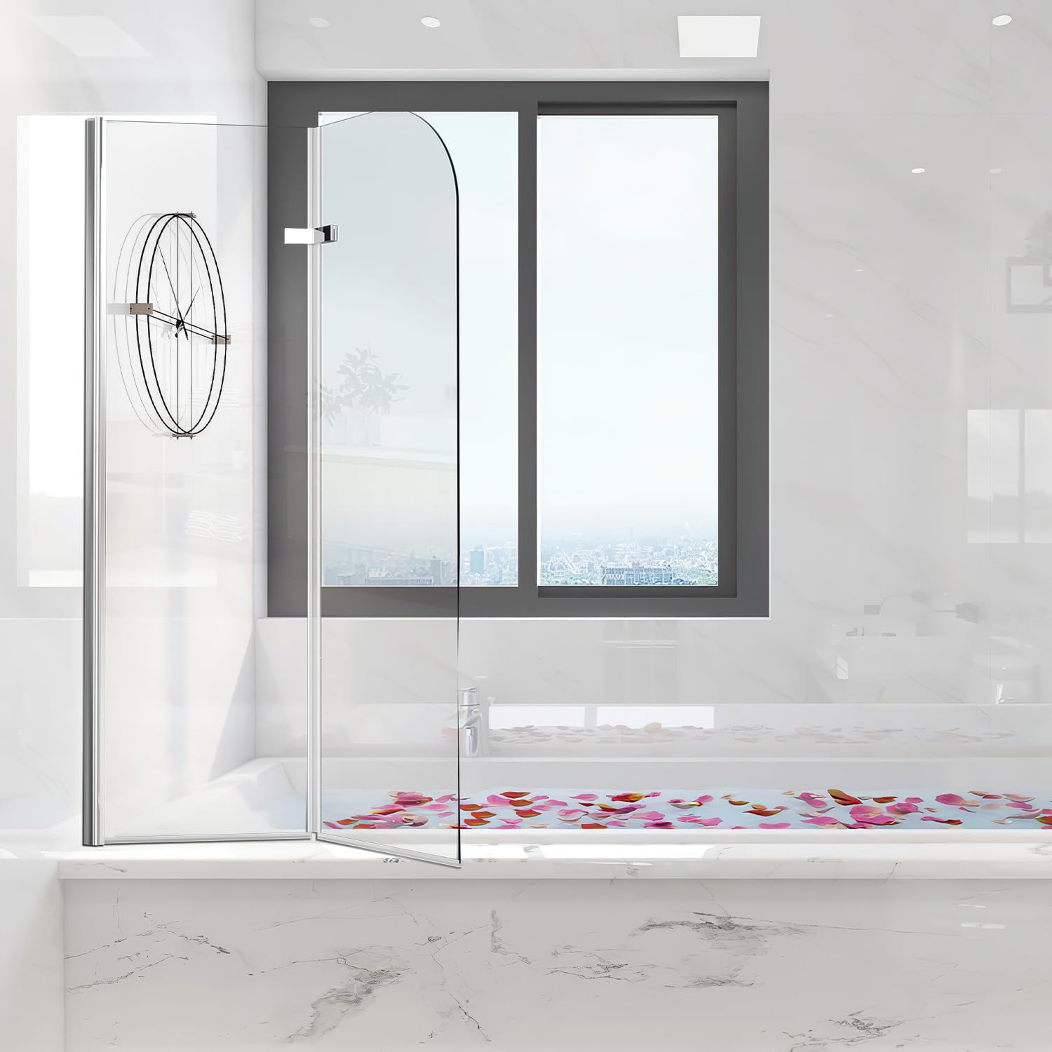 Mampara de ducha para bañera, 100 x 140 cm, 2 piezas, plegable, de cristal de seguridad (EGS), de alta calidad y resistente, color plateado transparente