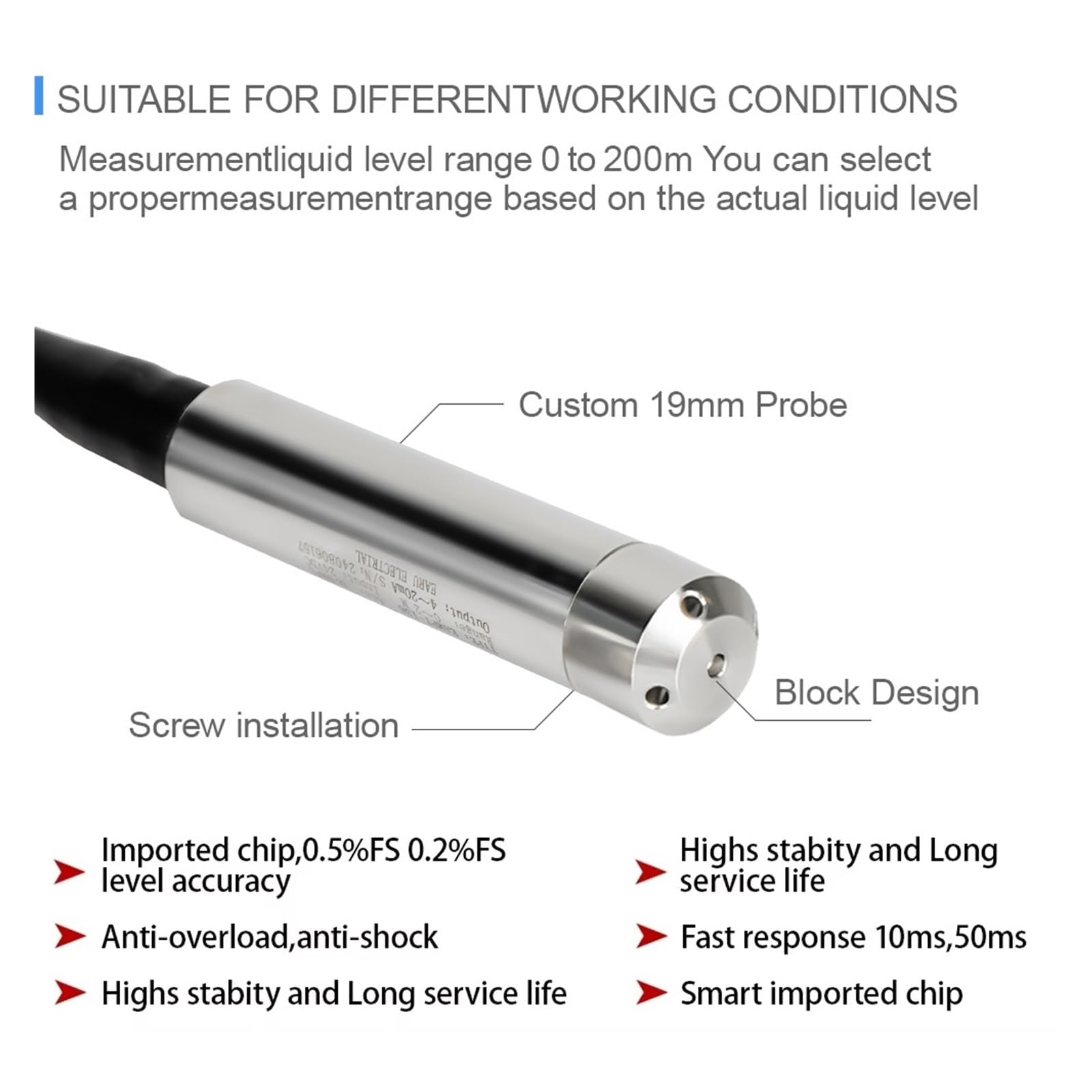 Czujnik Poziomu Cieczy Przetwornik Wody Sonda Detektor Kontroler Wyłącznik Pływakowy Precyzyjna Stabilność(2m Range 5m Cable,4-20mA Output)