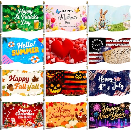 12Pcs Seasonal Garden Flags for Outside 3x5Ft Double Sided Yard Flags Holiday Banner with Grommets for All Seasons Holiday Decorations Fall Thanksgiving Halloween Christmas