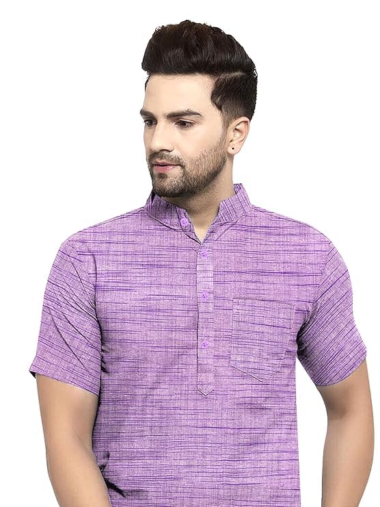Image of Khadie Cotton Blend Solid Casual Regular Fit Mandarin /Chinese Collor Short Kurta for Men