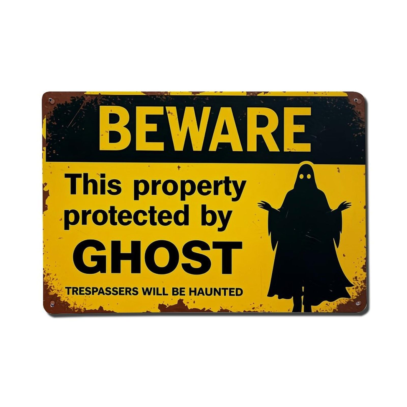Nestemfo Vintage Beware Ghost Property Protection Sign Tin Sign Metal Sign, Living Room,Bar, Home, Bedroom Wall Decor,Retro Metal Poster 8X12 Inches