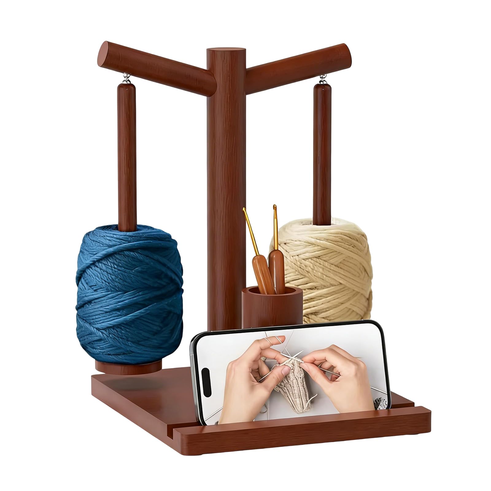 Wollwickler, Soporte de Hilo Giratorio Magnético para Tejer y Ganchillo, Spinner de Madera con 2 Bobinas, Almacenamiento para Accesorios de Tejido y Soporte para Teléfono, Regalo Ideal