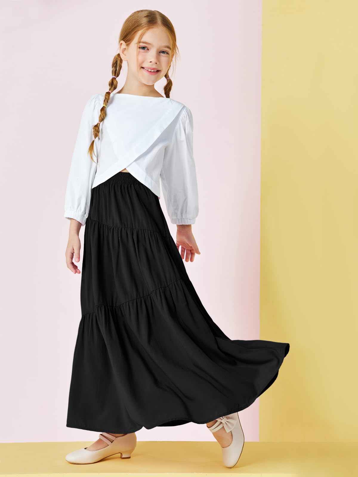 Haloumoning Jupe maxi élastique taille haute pour filles de 5 à 14 ans