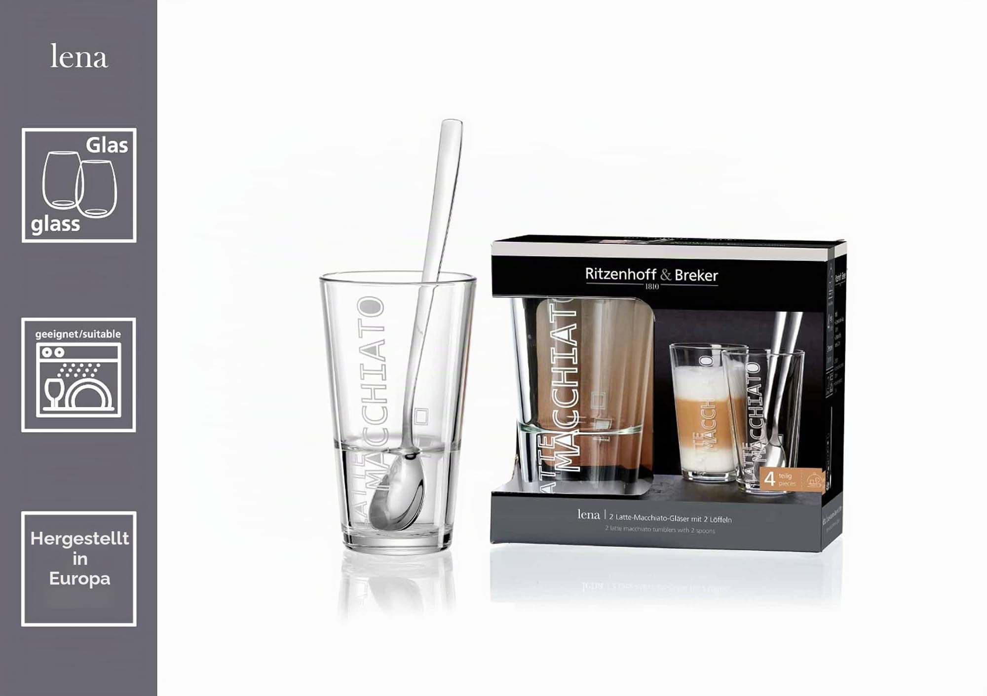 Ritzenhoff & Breker Latte Macchiato Gläser Lena mit Löffel, 12-teilig, 350 ml, Kaffeegläser für 6 Personen