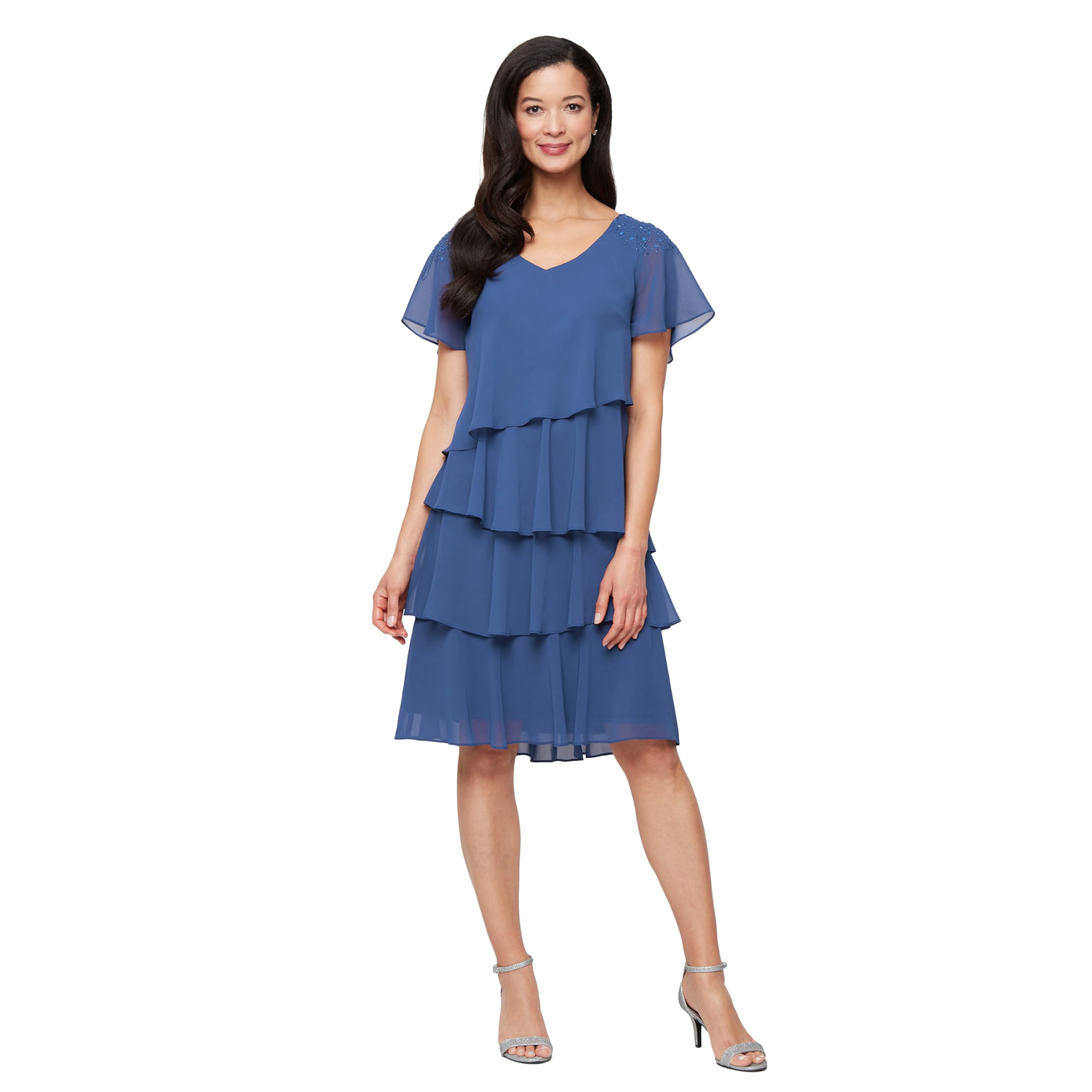 S.L. Fashions Womens V-Neck Chiffon Cocktail Dress with Beaded Shoulders and Asymmetrical Tiers (Petite and Regular Sizes)