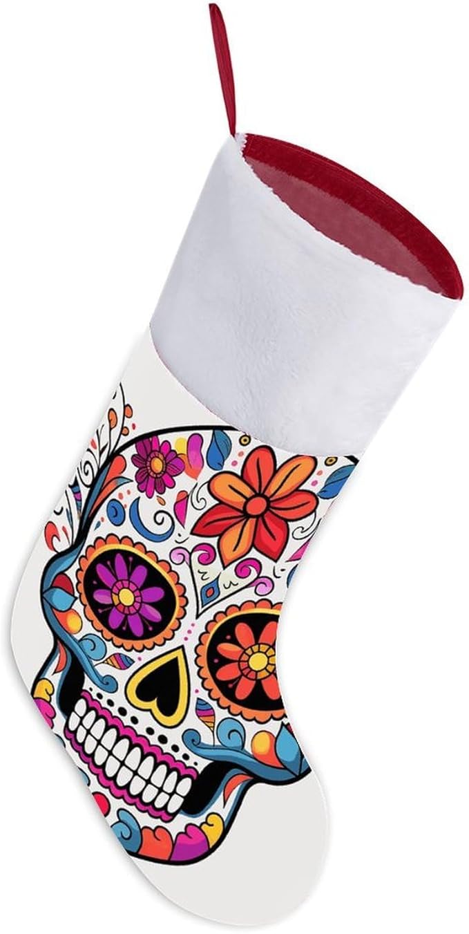 Classic Sugar Skull Christmas Stockings Plush Xmas Stockings for Holiday Party Red Xmas Decoration Stocking for Christmas Tree Fireplace Hanging Ornaments Home Decorations 16.5 Inch