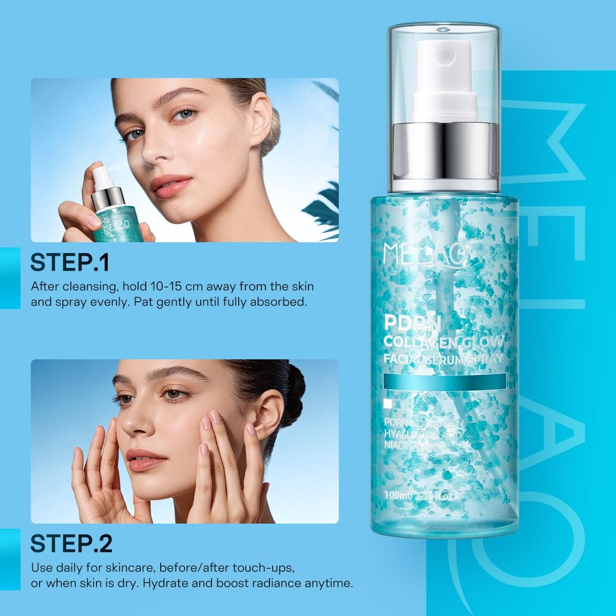 PDRN Collagen Glow Facial Spray, Hydrating Face Mist 100ml | 3.38 fl oz PDRN collagen face mist with niacinamide and hyaluronic acid for dewy, fresh-looking hydration