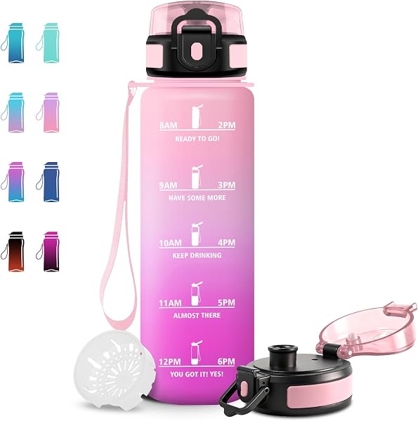 1L Motivation Water Bottle with Time Marker, Sports Water Bottles with Filter for School, Camping, Office, Fitness - 1