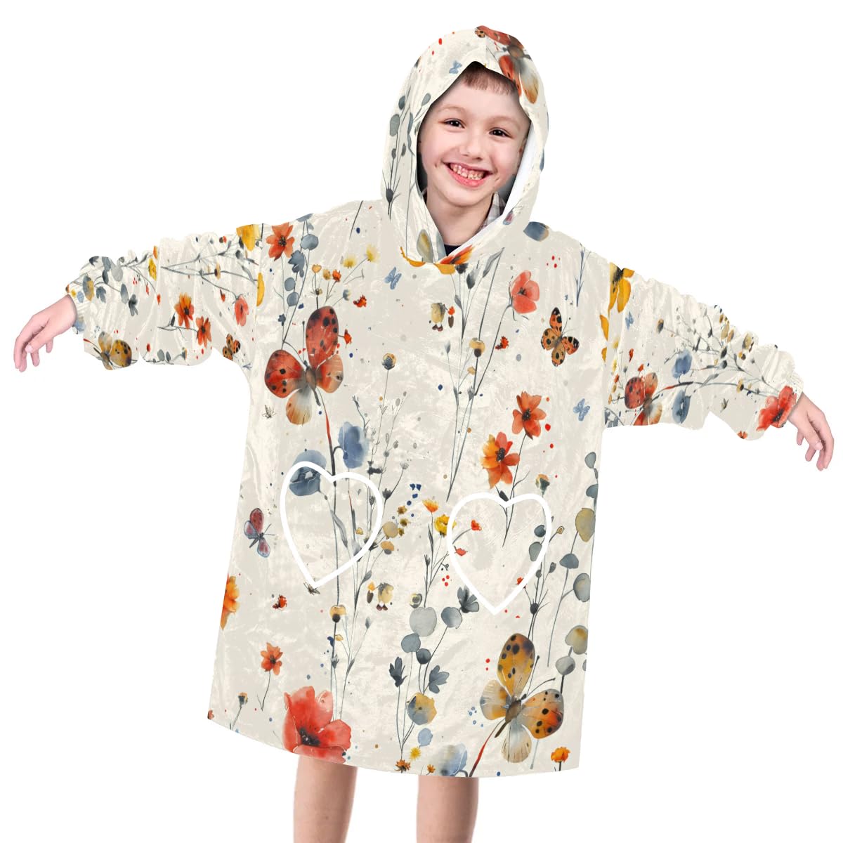 Wearable Blanket Hoodie for Kids, Sedentary butterfly Fleece Sweatshirt Blanket Oversized Blanket Sweatshirt with Pocket Flannel Warm Hooded Blanket 6-10 Year Old Girl Boy Gift, One Size