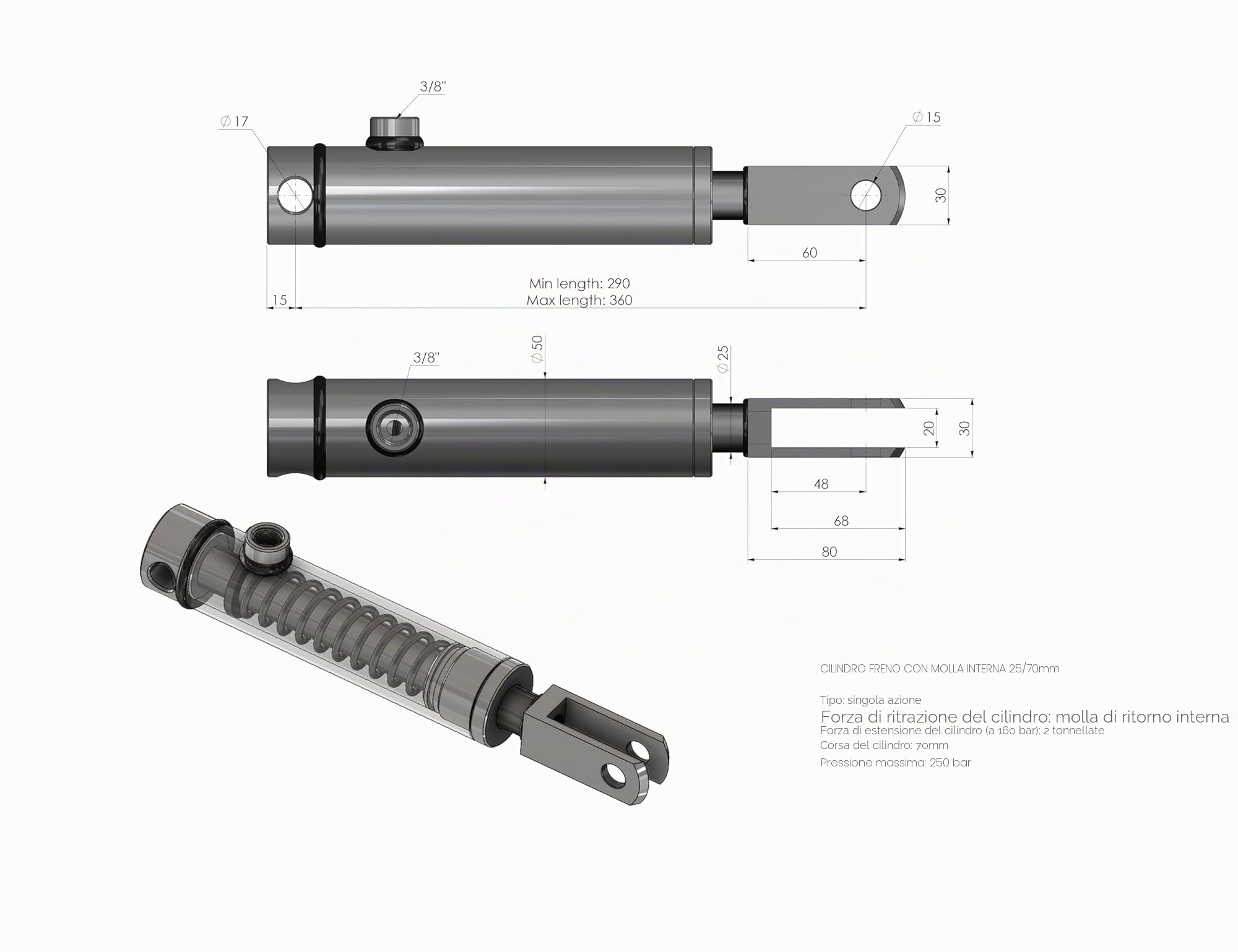 Spare Parts Holland - Cilindro idraulico a semplice effetto con molla di ritorno – Cilindro freno per rimorchio – Ø 40x50 mm, stelo 25 mm, 250 bar