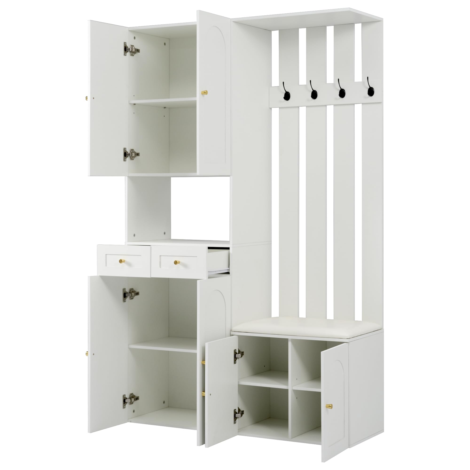 Juego de perchero, perchero de pared; juego con zapatero y zapatero, 4 ganchos, 6 puertas, 2 cajones, muebles de pasillo blanco (B110 × 180 × 37 cm) (blanco-2)