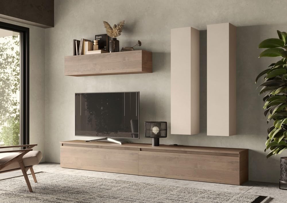 ARREDO DA CASA Parete Attrezzata Moderno per Soggiorno 276x205 cm con 2 Pensili Verticali e 1 Orizzontale Mobile Porta TV con Cassetti Beige e Noce PAL54