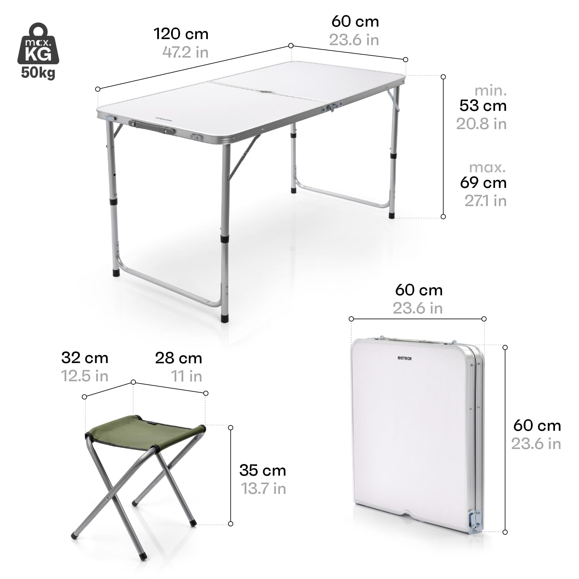 meteor Mesa y Sillas Plegables - Set Portátil Legera Compacto Conjunto - Camping Picnic Viaje Senderismo Pesca Playa - Accesorios Acampada Jardín Festival - Pesta