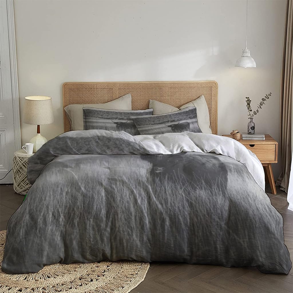 NIBAINLO 布団カバー農場のハイランド牛 肌に優しい ピーチスキン加工 掛け布団カバー 和式 洋式 あったか 布団カバーセット リバーシブル ホームステイ ホテル 家庭兼用