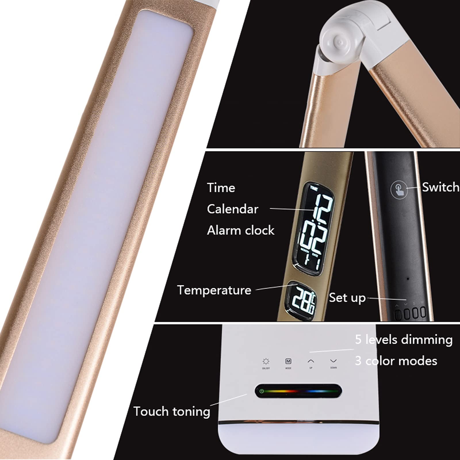 lampe de bureau Lampe de bureau à LED Dimmable Home Office Lampe Touch Contrôle 12W ARM LONG ARM Lampe de table pliable avec écran LCD, 3 modes de couleur et 5 niveaux de luminosité lampe de lecture