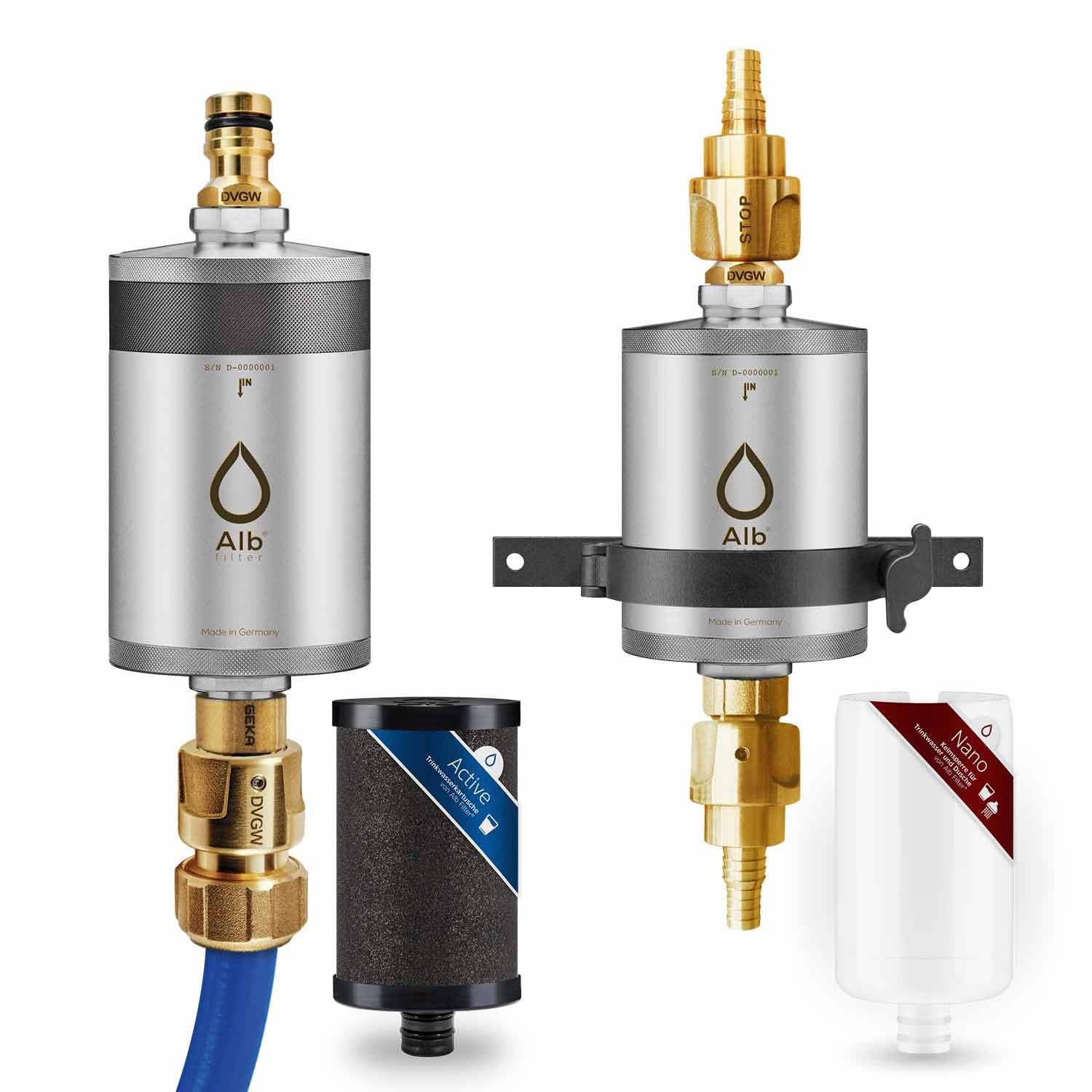 Alb Filter PRO CAMPER Set Camping Wasserfilter Edelstahl Natur | Kombi-Set: ACTIVE-Befüllfilter vor dem Tank, NANO-Keimsperre nach dem Tank, für Camper, Made in Germany