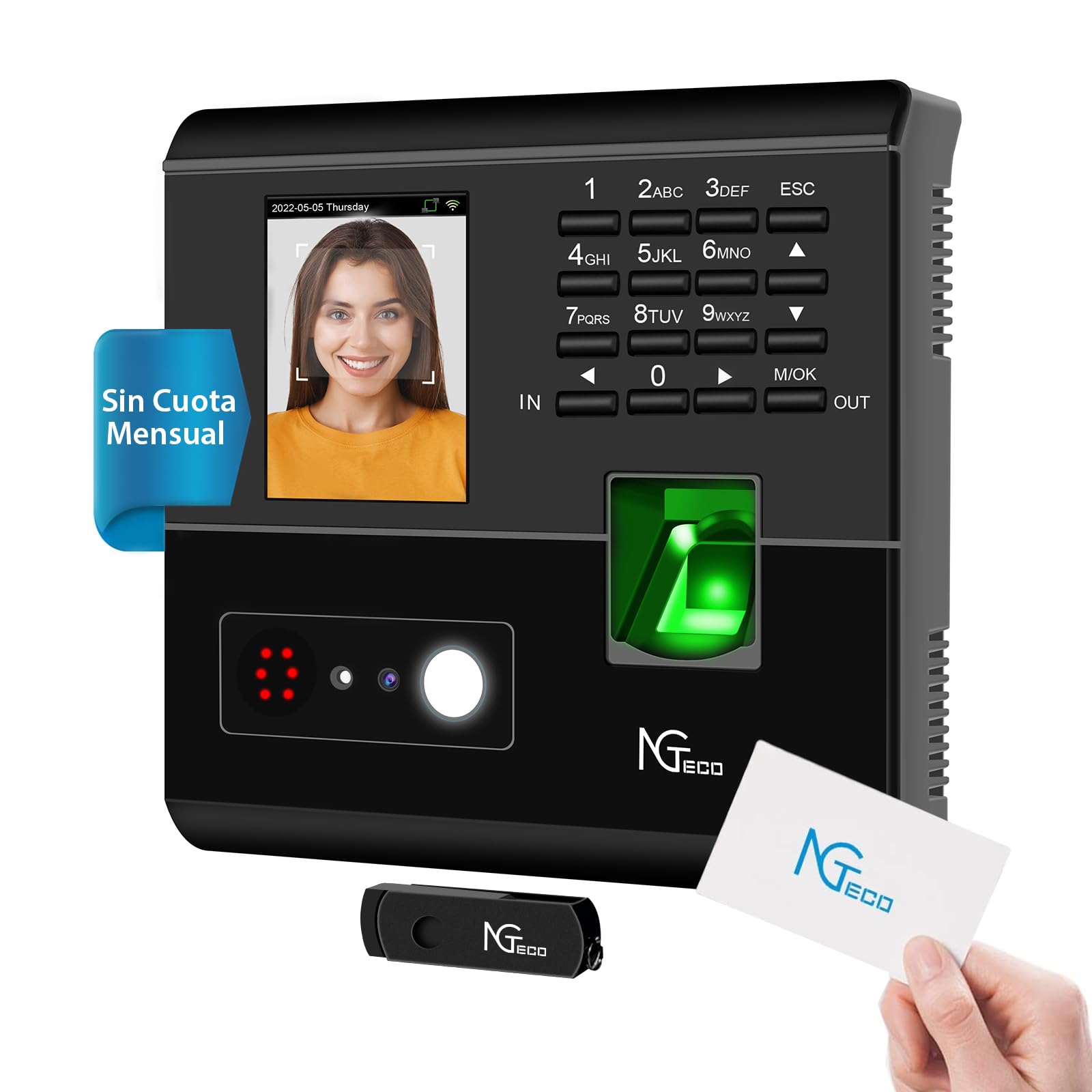 NGTeco WiFi Control Horario Empleados, Maquina fichar empleados español con códigos Facial, de Huella Dactilar, RFID y Pin, máquina de fichar empleados con App biométrica para iOS/Android(MB1)