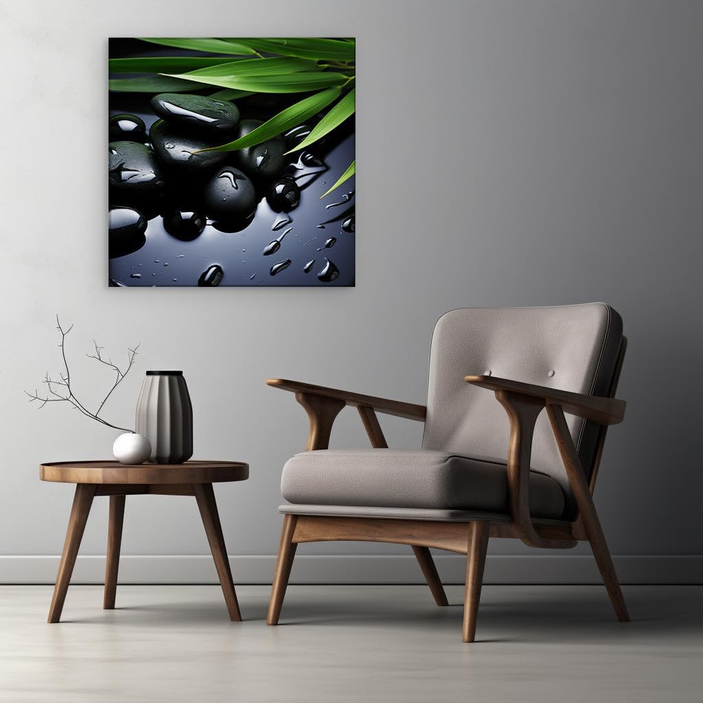 Canvas for Living room. Serene Harmony: Black Stones and Bamboo Leaves Convey Spa Tranquility, 27 x 18 inch Canvas Wall Art - Ready to Hang - 69x46 cm (27x18 inch)