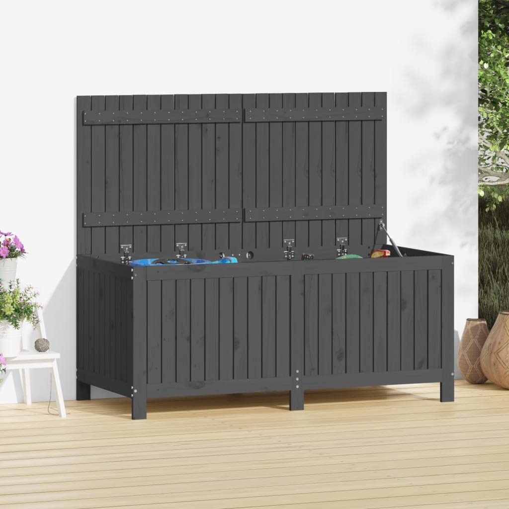 Gartentruhe aus massivem Kiefernholz 147x68x64 cm grau mit Deckel und Gasdruckfeder, geräumige Aufbewahrungsbox für Stauraum und Belüftung, wetterfeste Aufbewahrungslösung