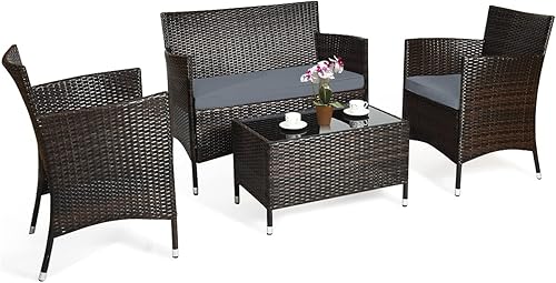 COSTWAY Juego de 4 muebles de ratán para patio, sillas de mimbre para exteriores con mesa auxiliar, juego de conversación acolchado de ratán para