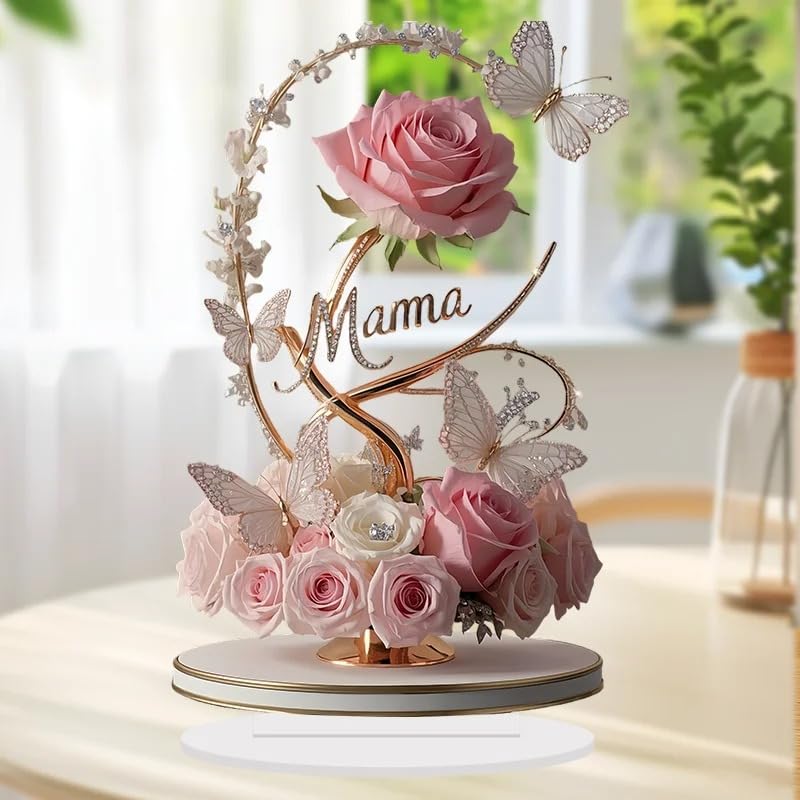 Hemasa 8in 2DFlat Acrylic Rose Decorate MOM mom Birthday Gift Mother's Day Anniversary Decoration Table Filial Child To Mother Mom (White)