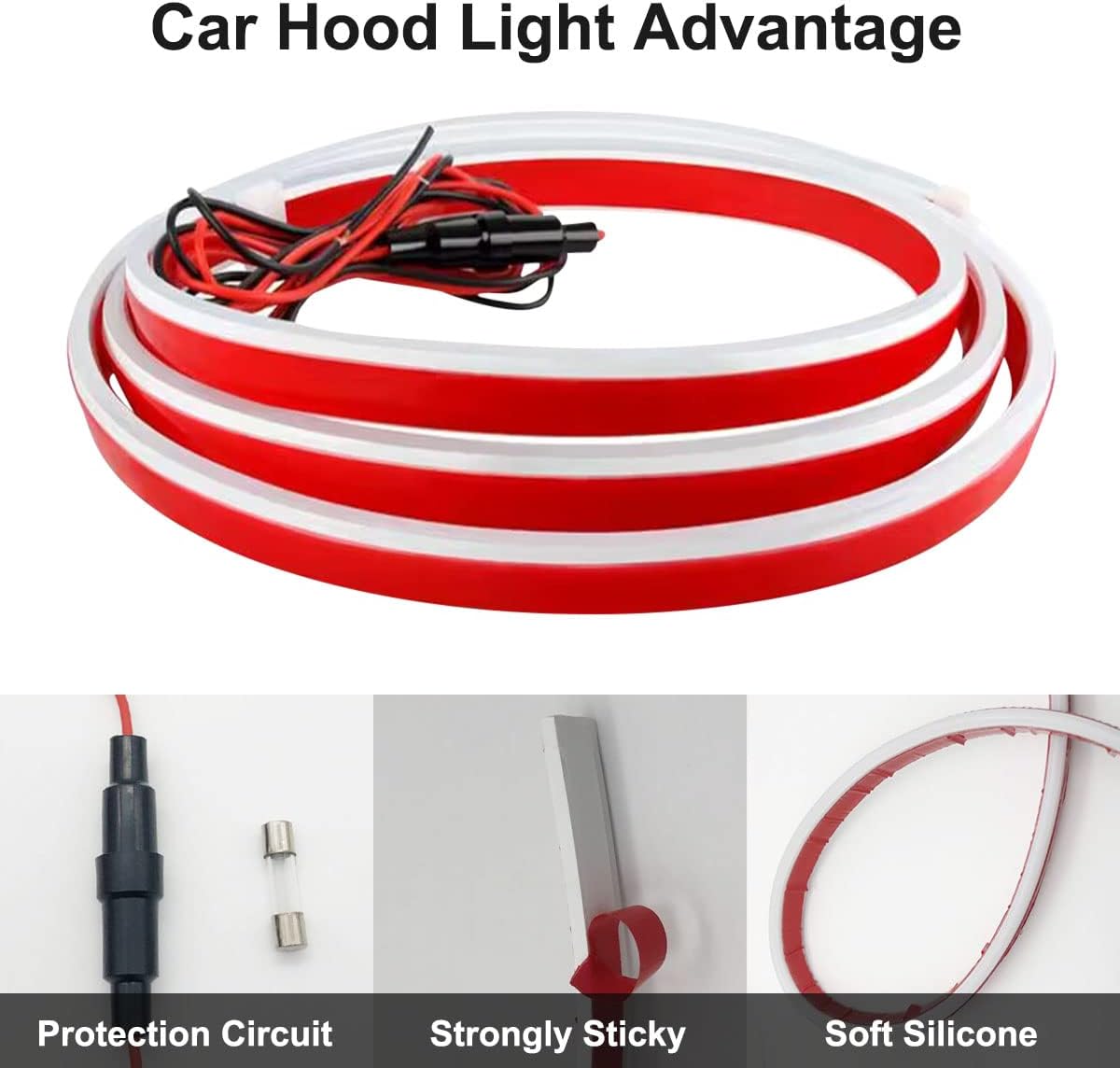 Hood Light Strip, TEKSHINNY 79 Inches Flexible Exterior Car LED Strip Lights Waterproof Car Led Light Daytime Running Light Strip for Cars, Trucks (White)