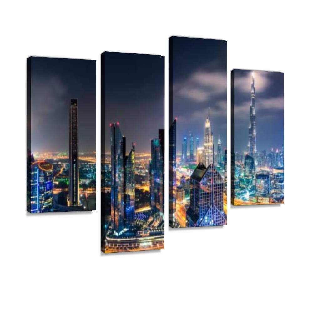 quetas artwork Panoramic image of Dubai Downtown Canvas Print Wall Art Pictures Digital Print Abstract Painting Room Home Office Decor Ready to Hang no Frame 4 Panel