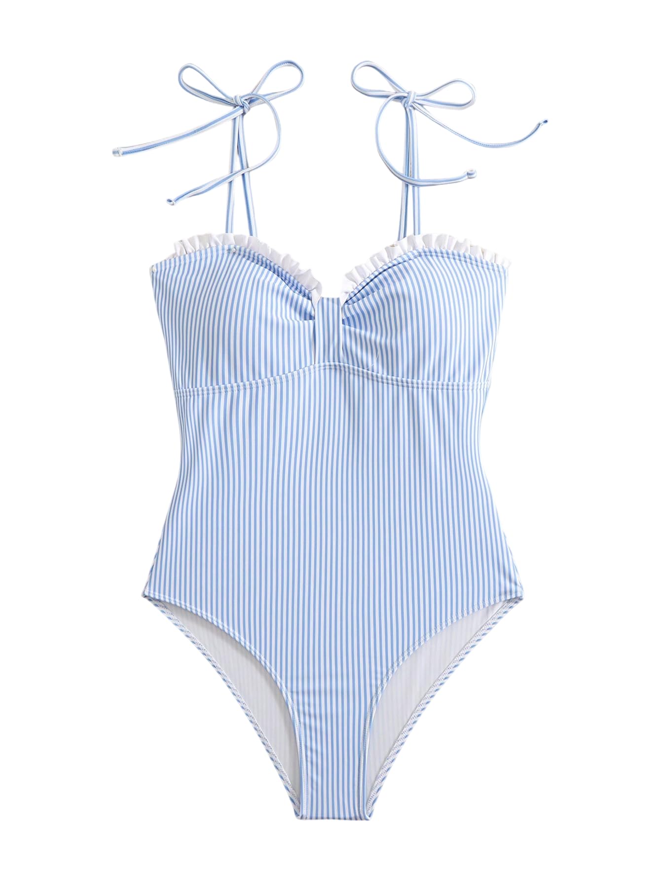 Photo 1 of Verdusa Women's Striped Tie Shoulder One Piece Swimsuit Ruched Bust Summer Vacation Bathing Suit Blue and White Small